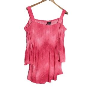 Y2K Fairy Top Pink Cold Shoulder Blouse Soft Stretch Embroidered Bell Sleeve